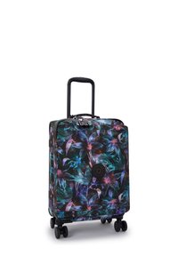 Hard-shell carry-on suitcase featuring a multicolored floral pattern, black accents, retractable handle, and four spinner wheels for mobility.