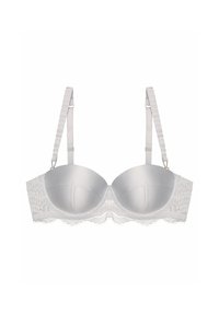 Biały stanik z fiszbinami, posiadający gładkie satynowe miseczki, koronkowe wykończenie oraz regulowane ramiączka z wytłaczanym wzorem i metalowymi akcentami.