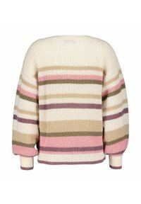 Stribet sweater i creme, pink, oliven, brun og lilla. Har en ribbet tekstur, afslappet pasform og brede ærmer. Baksiden vises.