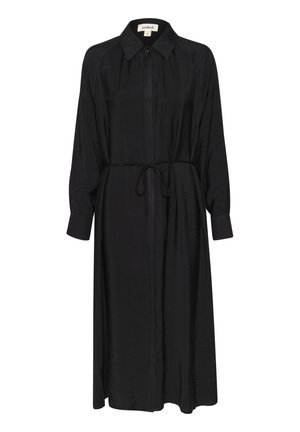 Fekete, hosszú ujjú ruha, galléros nyakkal, gombos előlappal és megkötős derékrésszel. Finom, texturált anyagból készült, vállán redőzéssel.