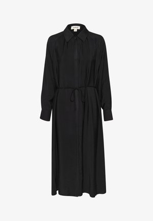 Black long-sleeve dress with a collared neck, button front, and tie waist. Made from a smooth, textured fabric, it features pleating at shoulders.
