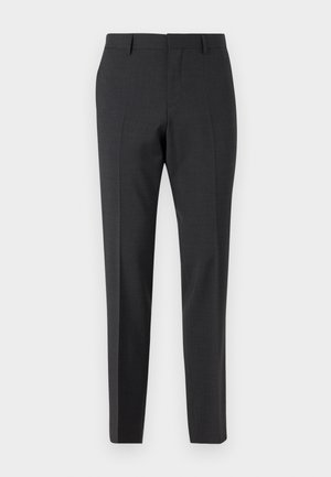 Pantalones tailored en gris oscuro con una textura suave, de corte ajustado, frente plano y pasadores para cinturón, diseñados para atuendos formales o de negocios.