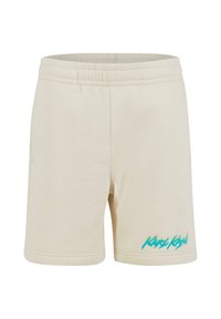 Kremo spalvos šortai, pagaminti iš minkštos medžiagos, su elastinga juosmens juosta ir turkio spalvos grafiniu akcentu priekyje.