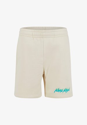Kratke hlače krem barve iz mehkega materiala, z elastičnim pasom in turkiznim grafičnim poudarkom spredaj.