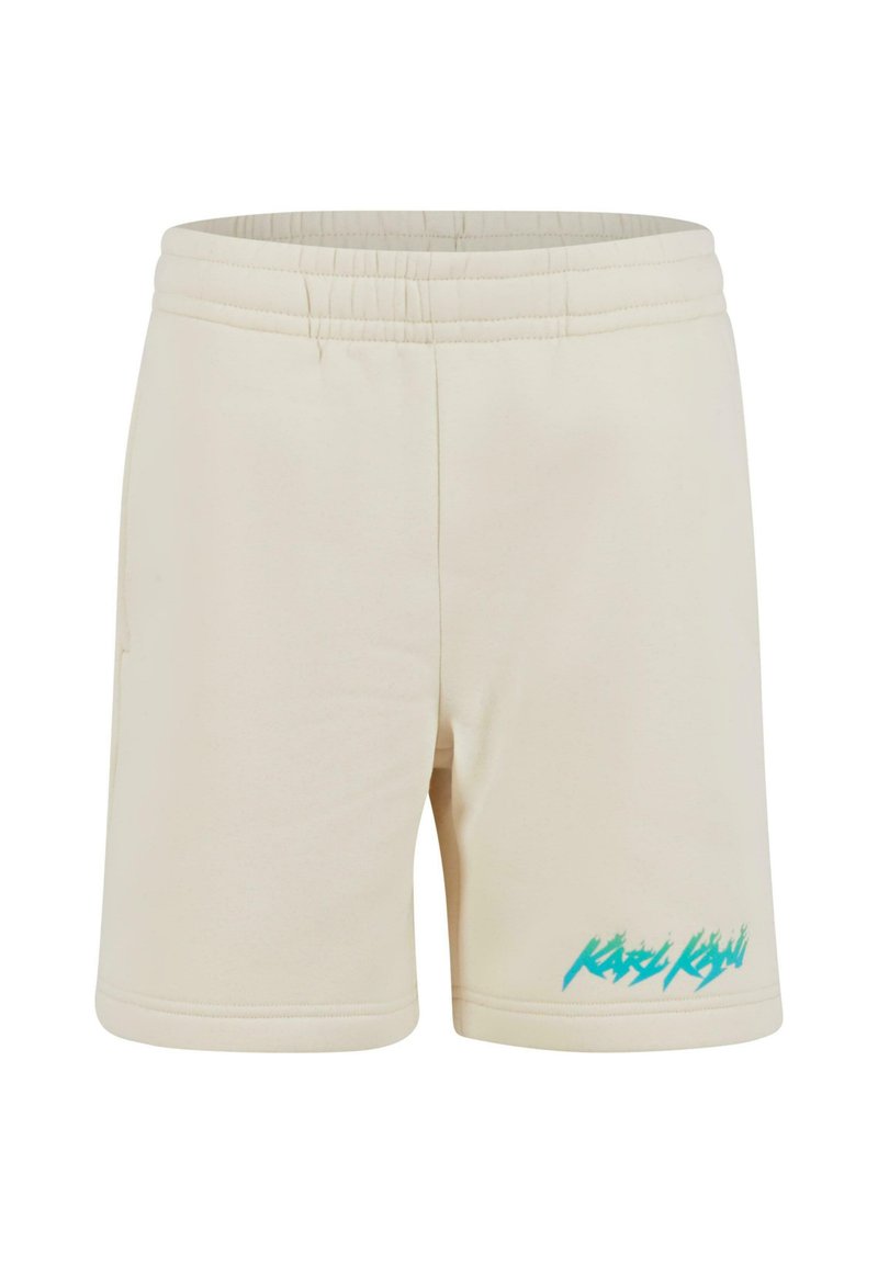 Kremo spalvos šortai, pagaminti iš minkštos medžiagos, su elastinga juosmens juosta ir turkio spalvos grafiniu akcentu priekyje.