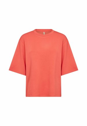 T-shirt ample à manches courtes de couleur corail avec encolure ras-du-cou et ourlet droit sur fond blanc.