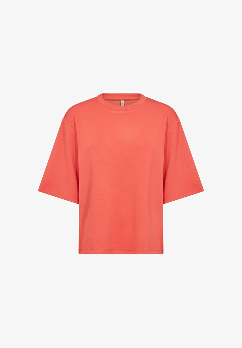 T-shirt ample à manches courtes de couleur corail avec encolure ras-du-cou et ourlet droit sur fond blanc.