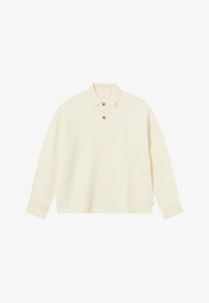 Cremefarbenes Polohemd mit langen Ärmeln, strukturiertem Rautenmuster, zwei Knöpfen vorne und gerippten Bündchen und Säumen.