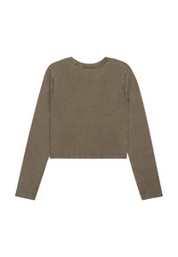 Olivgrön kortärmad långärmad topp i ribbat material med rund hals och sydd fåll. Texturerad yta och åtsittande silhuett.
