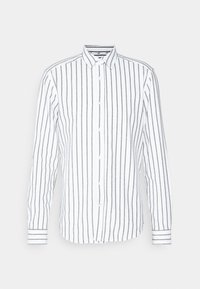 Witte shirt met dunne grijze verticale strepen, geknoopte voorkant, lange mouwen en een klassieke kraag. Zachte stof met een gladde textuur.