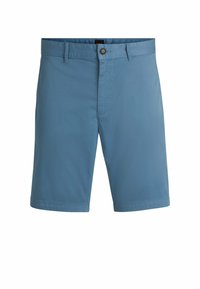 Light blue shorts made of smooth fabric featuring a standard button closure, belt loops, and side pockets. Tailored fit with clean lines.