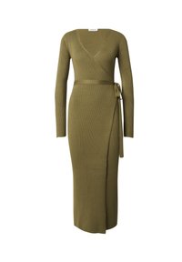 Olivgrünes, geripptes Wickelkleid mit langen Ärmeln, tiefem V-Ausschnitt und einem Band in der Taille. Der Stoff hat eine strukturierte Oberfläche und eine figurbetonte Silhouette.