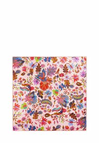 Bloemmotief stof met een lichtroze achtergrond, voorzien van levendige rode, blauwe en groene bloemen, bladeren en ingewikkelde details.