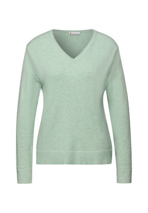 Suéter verde menta con cuello en V y mangas largas, hecho de una tela suave y texturizada. Presenta puños y dobladillo acanalados, adecuado para uso casual.