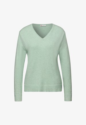 Maglione verde menta a collo a V con maniche lunghe, realizzato in morbido tessuto testurizzato. Presenta polsini e orlo a costine, adatto per un look casual.