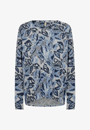 Long-sleeve sweater in a light background with dark blue and light blue leaf patterns. Soft knit texture and relaxed fit design.