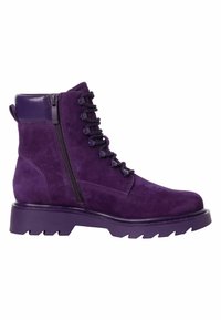 Stivale alla caviglia viola in suede con suola spessa, chiusura con cerniera e lacci a contrasto. Presenta un tessuto testurizzato e dettagli lisci.