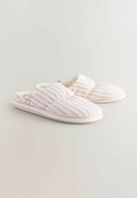 Lightweight, striped slippers in white and pink, featuring a cushioned insole, rounded toe, and soft fabric for comfort.