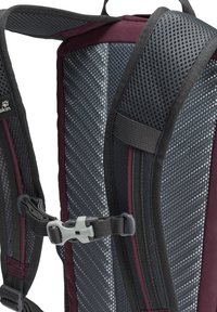 Rucksack aus dunkelrotem Stoff und grauem Mesh. Verstellbare Träger mit Clipbeschlägen und strukturiertem Polsterung für Komfort und Atmungsaktivität.