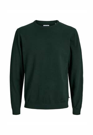 Pull vert foncé à col rond avec manches longues. Fabriqué en matière douce et texturée. Poignets et ourlet côtelés avec une petite étiquette de marque sur le côté.