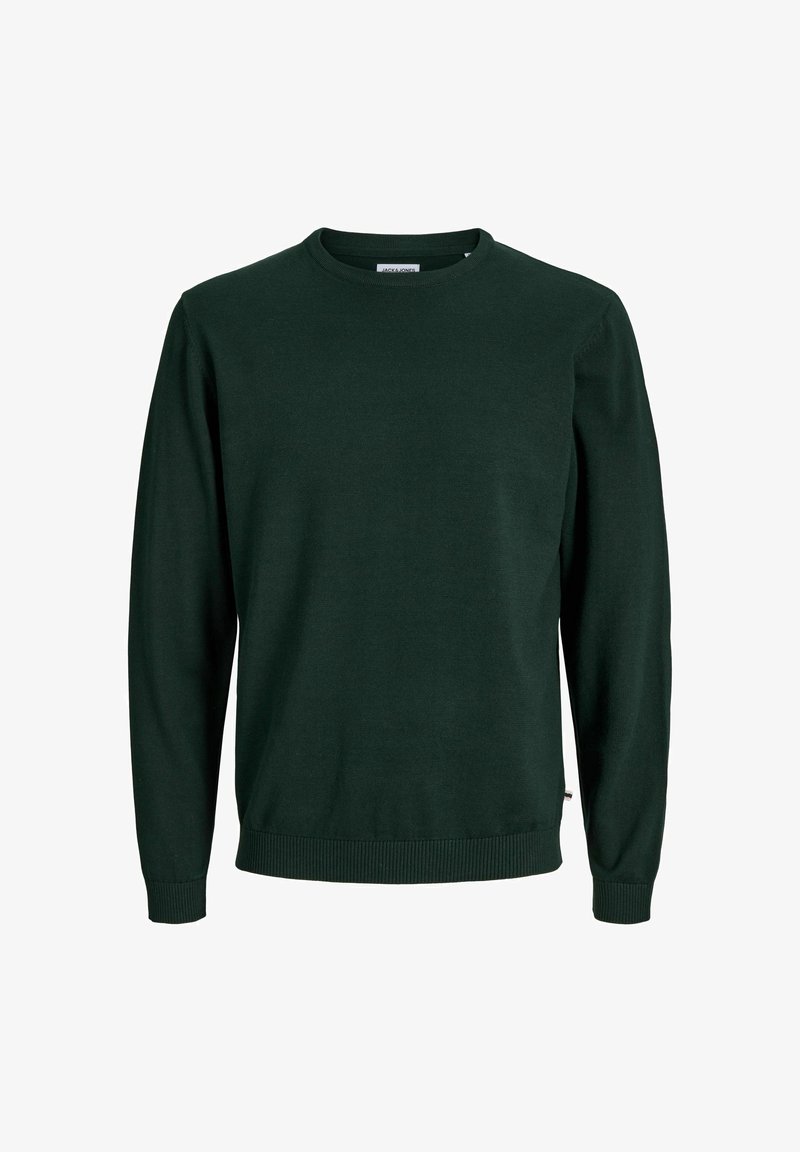 Pull vert foncé à col rond avec manches longues. Fabriqué en matière douce et texturée. Poignets et ourlet côtelés avec une petite étiquette de marque sur le côté.