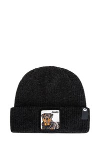 Black knit beanie with a folded cuff, featuring a square patch of a Rottweiler and the word "GUARD." Textured fabric, casual design.