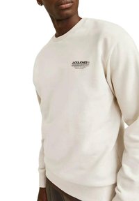 Sudadera color crema con un cuello redondo, puños y dobladillo acanalados. Presenta un logo negro y texto en la parte izquierda del pecho. Textura suave.