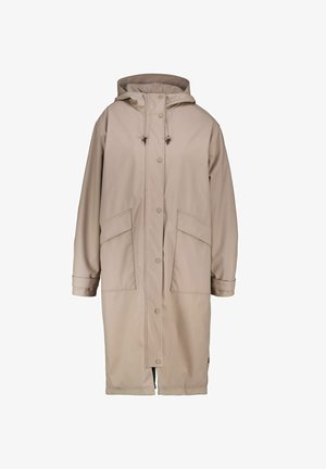 Beige waterproof raincoat with a hood, featuring two large front pockets, snap button closure, and adjustable drawstrings.
