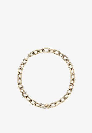 Goldene Halskette mit großen ovalen Gliedern und einem dekorativen Verschluss mit kleinen eingearbeiteten klaren Steinen für zusätzliche Details.