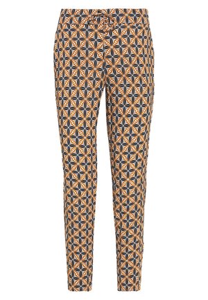 Slim-fit pants with geometric black, white, and orange diamond and floral pattern and a front drawstring waist.