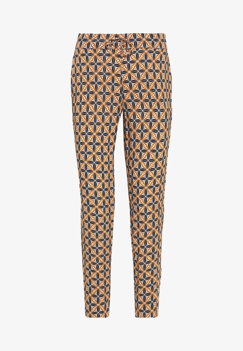Pantalon taille fine avec motif géométrique en diamants noirs, blancs et oranges et motif floral, doté d'une taille à cordon de serrage à l'avant.