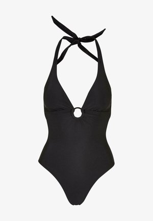 Costume intero nero con spalline a laccio, scollatura a V profonda, tessuto arricciato sul seno e un accento circolare al centro anteriore.