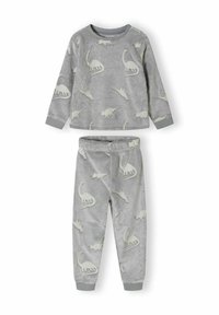 Gray fleece pajama set featuring a long-sleeve top and matching pants. Decorated with light-colored dinosaur patterns and ribbed cuffs.