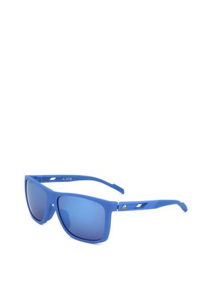 Occhiali da sole Adidas blu con lenti rettangolari specchiate e logo sulla stanghetta, mostrati inclinati su sfondo bianco.