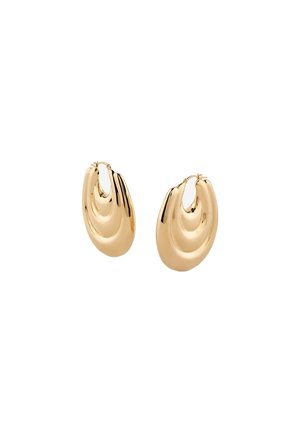 Orecchini a cerchio in oro con un design liscio e arrotondato e una finitura lucida. Ogni orecchino ha una forma semicircolare e una chiusura robusta.