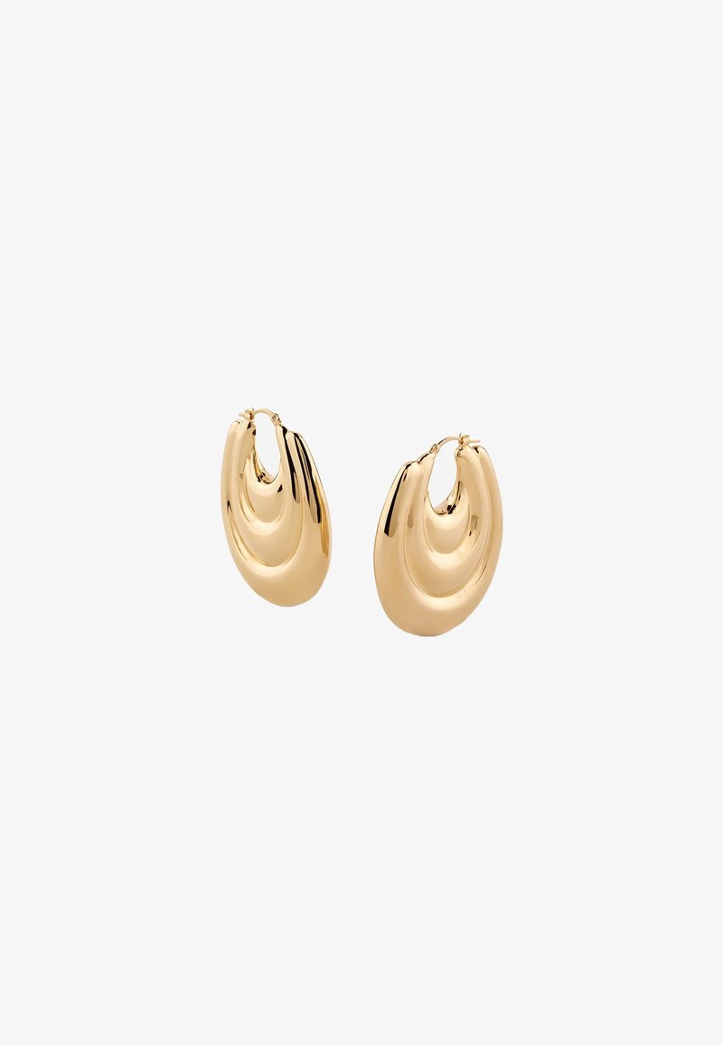 Orecchini a cerchio in oro con un design liscio e arrotondato e una finitura lucida. Ogni orecchino ha una forma semicircolare e una chiusura robusta.