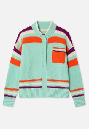 Πλεκτή ζακέτα σε μέντα πράσινο με πολύχρωμες οριζόντιες ρίγες σε μοβ, πορτοκαλί και κρεμ. Διαθέτει μικρή τσεπούλα-μπατς.