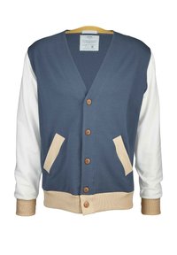Marineblauwe cardigan met witte mouwen, voorzien van een v-hals, vijf knopen, twee beige zakken en geribde manchetten in een beige accent.
