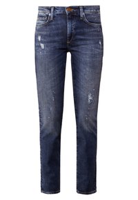 Mörkblå denimjeans med rak passform, som har slitna partier, blekningar och ljusa stänk för en texturerad look.