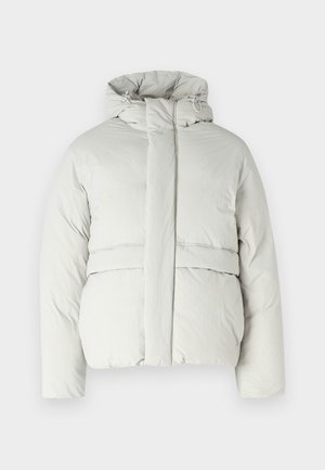 Chaqueta acolchada gris claro con capucha, que presenta un alto cuello, cierre frontal y detalle de costura horizontal en el pecho y el dobladillo.