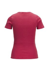 Tricou cu mânecă scurtă, ajustat, de culoare roz solidă. Fabricat dintr-o stofă ribbed, cu gât rotund și margini finisate. 