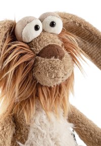 Plush dog toy with brown and cream fur, oversized floppy ears, large round eyes, and a textured snout. Whiskers made of soft strands.