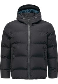 Giacca piumino nera con cappuccio accogliente, dotata di zip frontale, due tasche laterali e una texture liscia. Include stringhe per la regolazione.