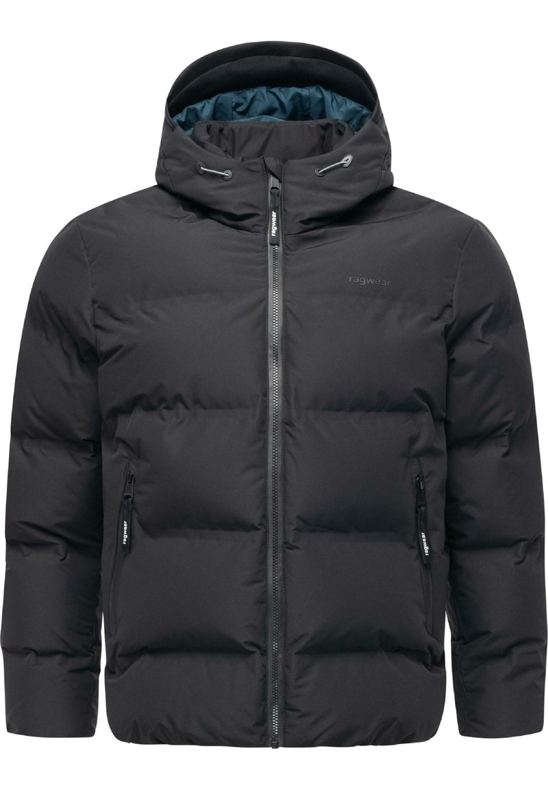 Giacca piumino nera con cappuccio accogliente, dotata di zip frontale, due tasche laterali e una texture liscia. Include stringhe per la regolazione.