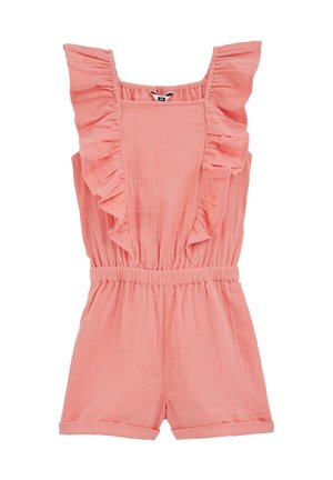 Pink cotton jumpsuit with ruffle sleeves, cinched waist, and rolled shorts. Lightweight, textured fabric with a relaxed fit.