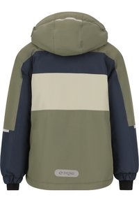 Huvtröja i olivgrön, marinblå och beige med blockdesign. Har elastiska muddarna och en Zigzag-logotyp på nedre ryggen. Slät textur.