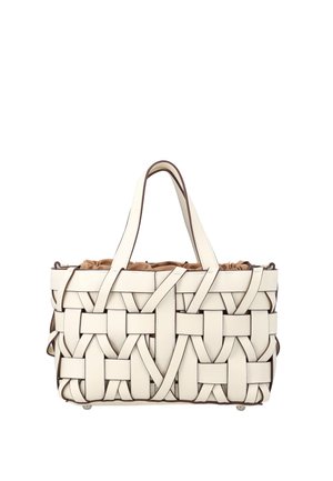 Geantă de mână din piele albă țesută, cu mânere duble, formă dreptunghiulară și un săculeț interior din material maro cu șnur.