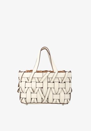 Weiße gewebte Lederhandtasche mit zwei Griffen, rechteckiger Form und einem braunen Stoffinnenbeutel mit Zugband.