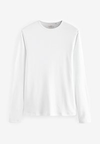 Tricou alb cu mânecă lungă, dintr-un material texturat, cu guler rotund. Design simplu, fără modele sau accente, și cu un tiv drept în partea de jos.