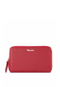 Red leather wallet with a textured finish, zip closure, and a silver logo on the front. Compact rectangular shape with a side handle.